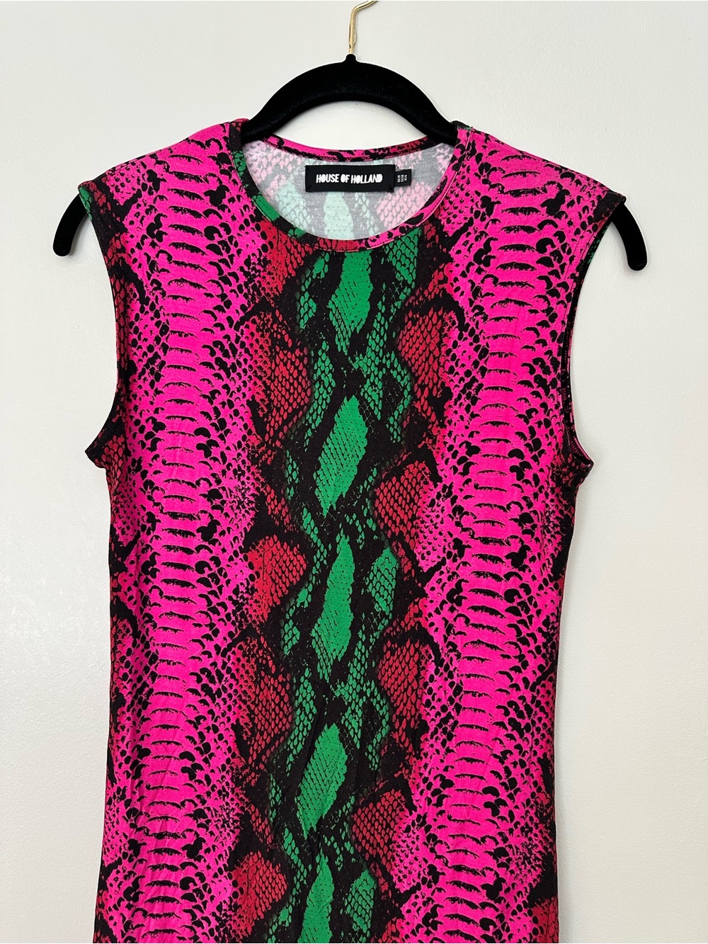 House of Holland Snake Print Pink Green Dress Sleeveless Jersey Bodycon Sz 6 - Picture 2 of 6